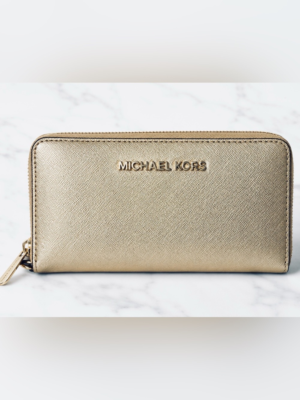Michael Kors Jet Set Gold Saffiano Leather Zip Around Smartphone Wristlet Wallet